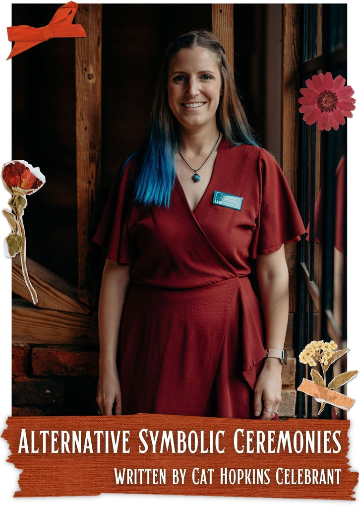 Portrait of Cat Hopkins, a celebrant specialising in alternative symbolic ceremonies, wearing a red dress and smiling warmly. Unique wedding ideas.