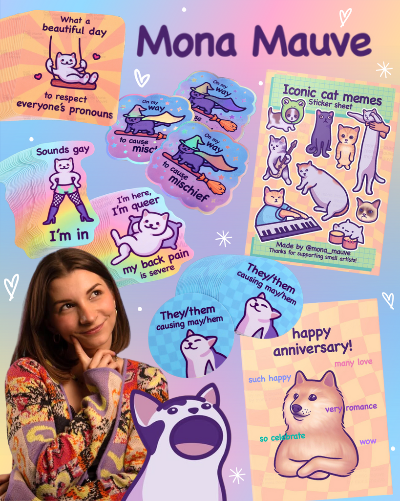 A collage of colourful stickers and cards by Mona Mauve, featuring cartoon cats and memes, with a portrait of the artist smiling below.