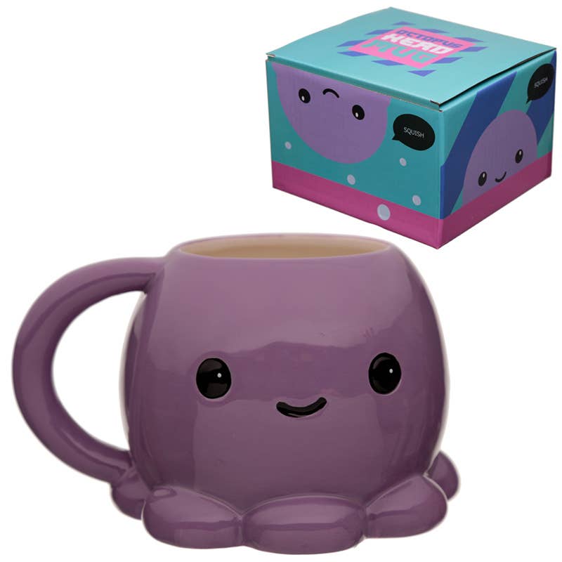 Rebel Romance Adoramals Octopus Head Shaped Mug displayed with its illustrated gift box featuring a matching kawaii octopus design.