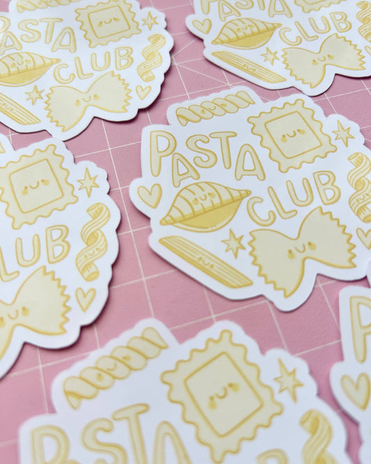 Multiple Rebel Romance "Pasta Club" glossy stickers shown spread out across a pastel pink background. The design by Kellylou features happy pasta characters with smiley faces and the words “Pasta Club” in fun, foodie-themed lettering.