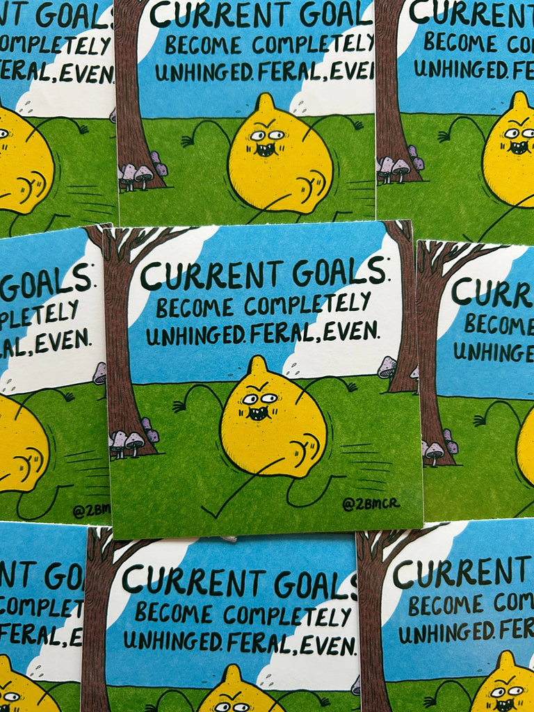 Cartoon lemon character with text about 'Current Goals' in a grassy field with trees.