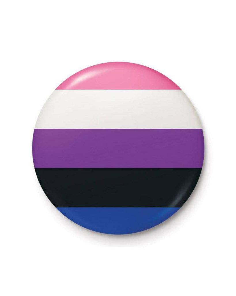 A round pin badge featuring the stripes of the Genderfluid Pride flag in pink, white, purple, black, and blue.