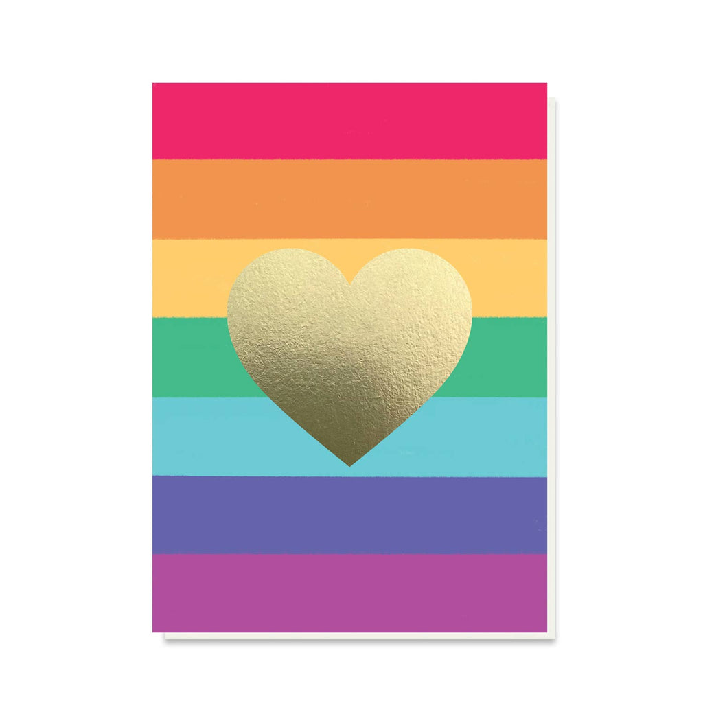A vibrant greeting card featuring bold rainbow stripes and a central gold foil heart. Perfect for sending love and celebrating inclusivity on occasions like weddings, anniversaries, Valentine’s Day, or just because. The luxurious gold foil heart adds a touch of elegance to the colourful design.