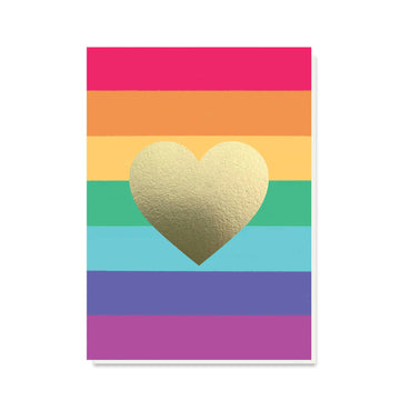 A vibrant greeting card featuring bold rainbow stripes and a central gold foil heart. Perfect for sending love and celebrating inclusivity on occasions like weddings, anniversaries, Valentine’s Day, or just because. The luxurious gold foil heart adds a touch of elegance to the colourful design.