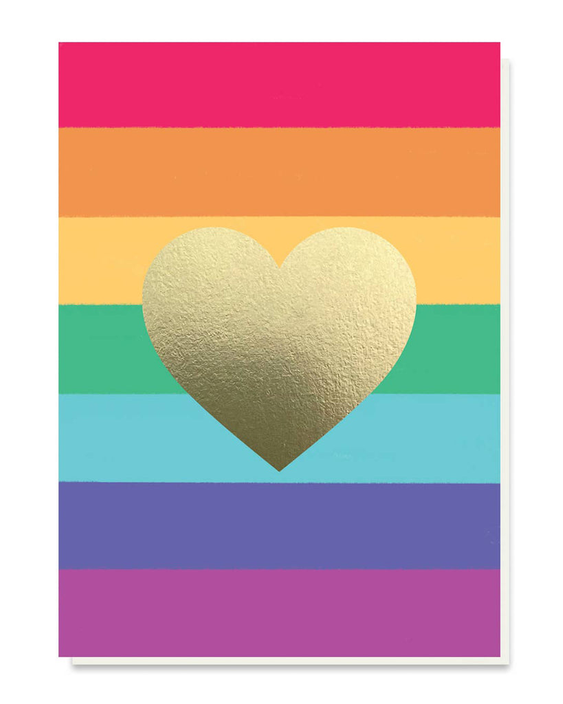 A vibrant greeting card featuring bold rainbow stripes and a central gold foil heart. Perfect for sending love and celebrating inclusivity on occasions like weddings, anniversaries, Valentine’s Day, or just because. The luxurious gold foil heart adds a touch of elegance to the colourful design.