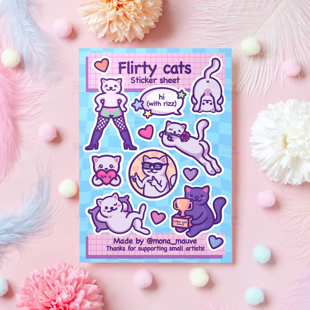 Flirty Cats Sticker Sheet by Mona Mauve, featuring 13 cute and funny vinyl cat stickers in playful poses with phrases like "hi (with rizz)" and "lov u", photographed on a pastel pink background with flowers and feathers. Sold by Rebel Romance, a UK small business celebrating alternative fashion and quirky gifts for millennials.