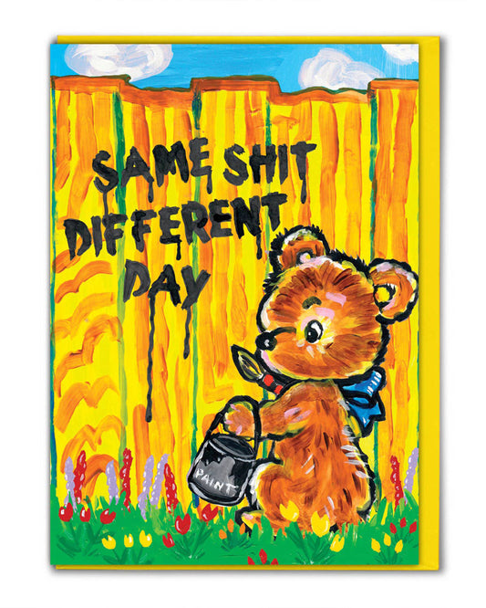 Rebel Romance greeting card featuring Magda Archer’s kitschy artwork of a cute retro teddy bear painting graffiti on a bright yellow fence. The words “Same Shit Different Day” appear in bold black paint with a playful and rebellious twist. Printed in the UK on sustainable FSC card stock, this funny birthday card blends humour and nostalgia for alternative style lovers.