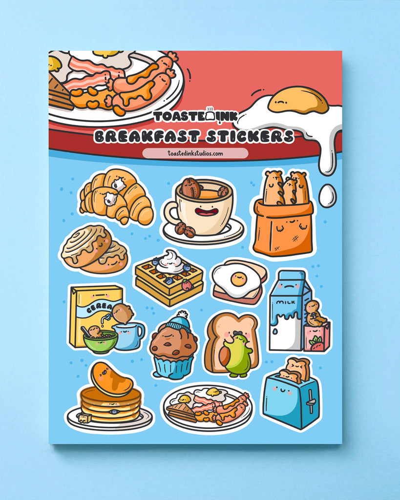 Toastedink's cute Breakfast Sticker Sheet on blue background. Stocked by Rebel Romance, this sheet is filled with playful breakfast illustrations like toast, pancakes, and coffee. Ideal for decorating diaries, planners, or snail mail.