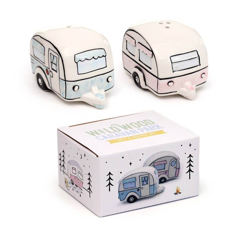 Complete set of ceramic caravan salt and pepper shakers shown with their illustrated gift box. Designed by Rebel Romance, these pastel pink and blue caravans add nostalgic charm to any home or camper kitchen.