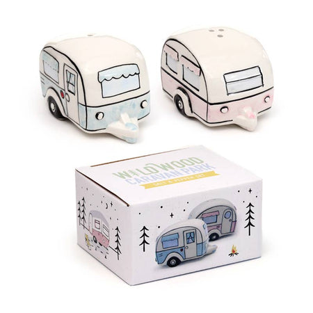 Complete set of ceramic caravan salt and pepper shakers shown with their illustrated gift box. Designed by Rebel Romance, these pastel pink and blue caravans add nostalgic charm to any home or camper kitchen.