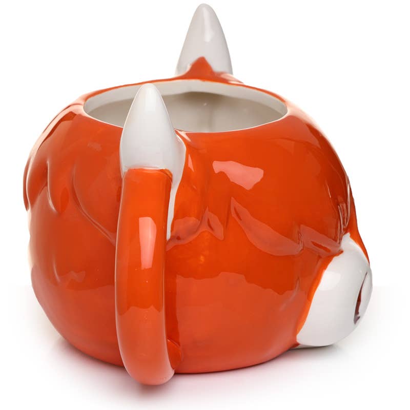 Side view of the Highland Coo Cow Head Ceramic Mug by Rebel Romance. The mug has a round shape, glossy orange glaze, and cartoon-style white horns, creating a bold and playful design.