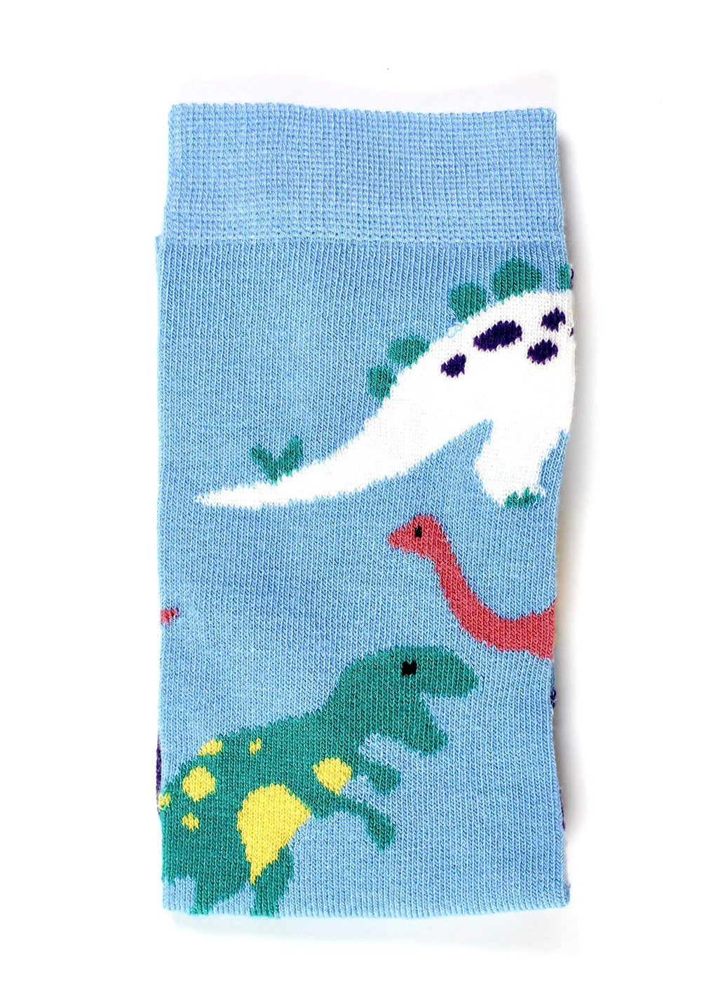 Smiling Faces eco-friendly bamboo socks in blue featuring colourful cartoon dinosaurs including stegosaurus, T-rex, and long-necked dinos. Available at Rebel Romance.