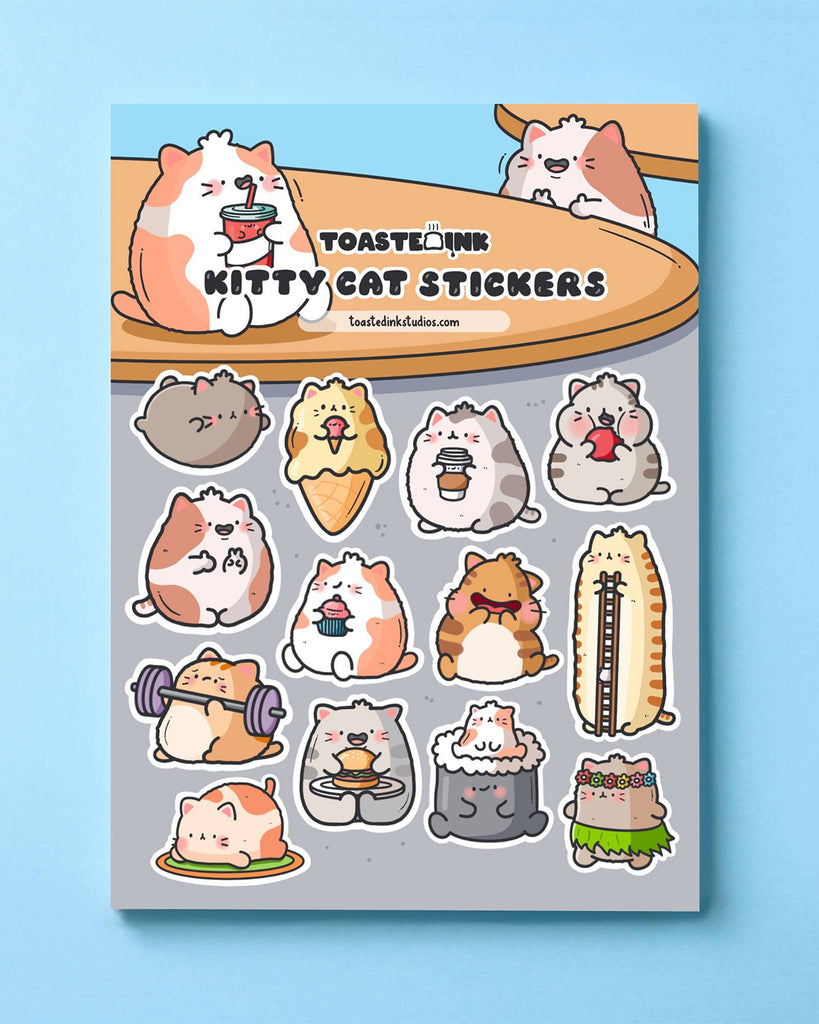 Product image of the Kitty Cat Sticker Sheet by Toastedink, available at Rebel Romance. Grey sheet with 15 playful and colourful illustrated cats. A fun and purr-sonalised way to add joy to your stationery collection.