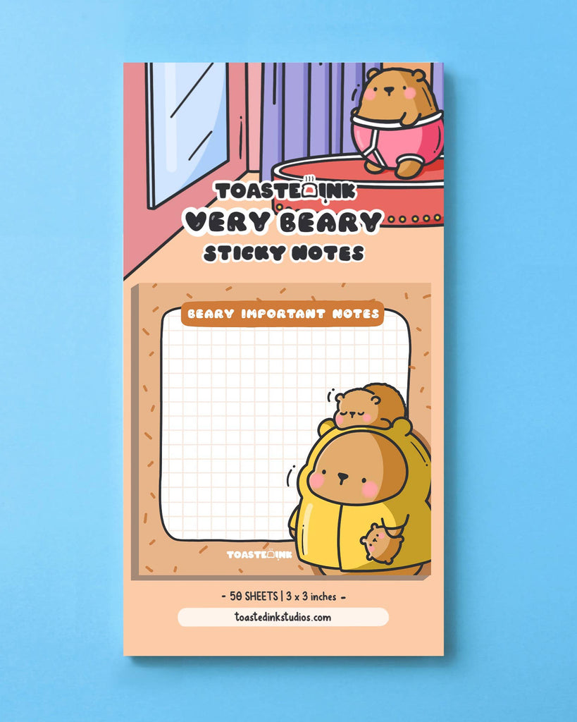 Full view of Toastedink’s "Very Beary" sticky note pad set, sold by Rebel Romance. Includes the "Beary Important Notes" pad with a family of bears, shown in retail packaging on a pastel blue backdrop.