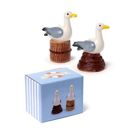 Complete Seagull Buoy Salt & Pepper Set by Rebel Romance shown with its branded gift box. Includes two hand-painted ceramic shakers and seaside-themed packaging—perfect for gifting or adding seaside charm to your kitchen.
