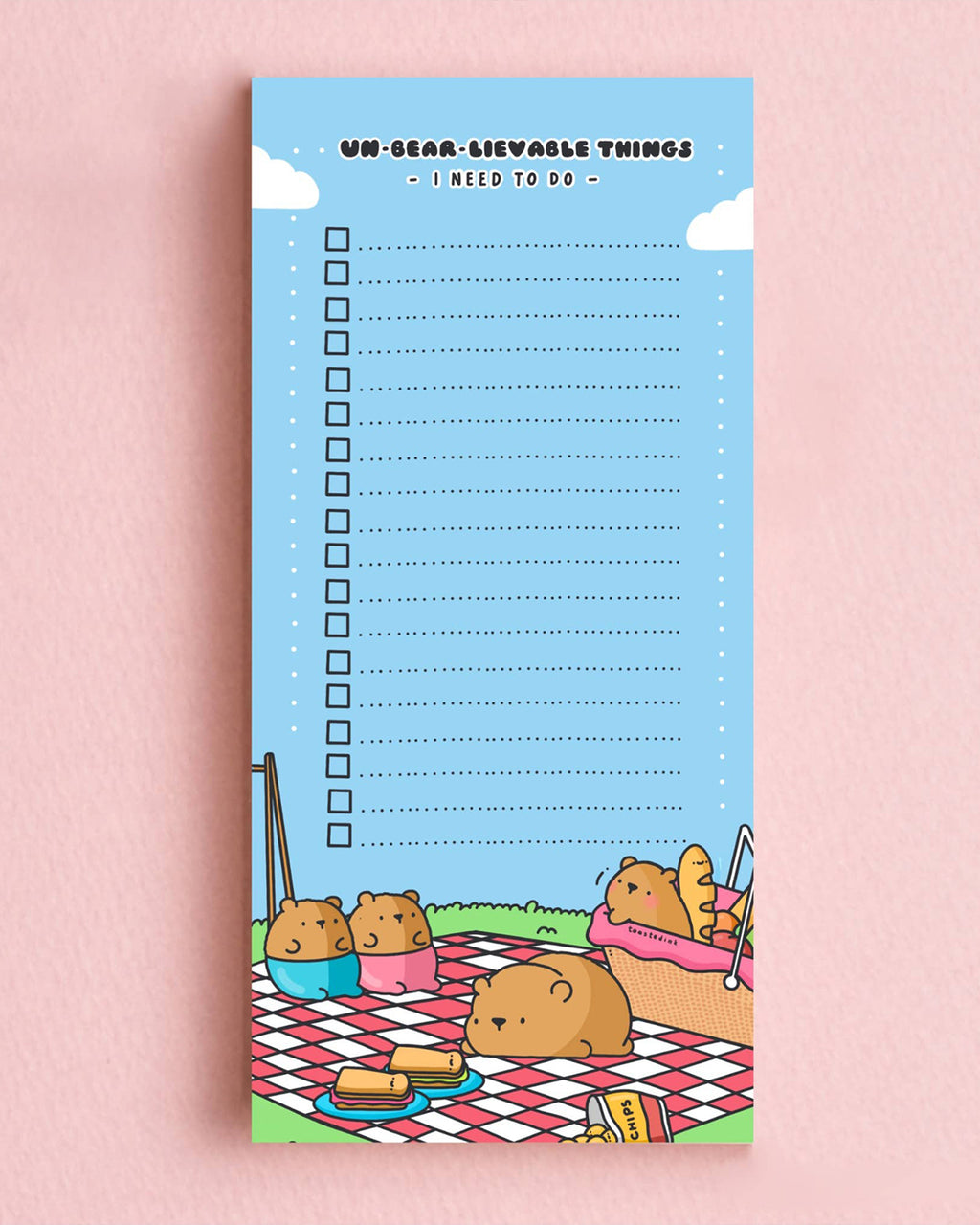 Cute illustrated bear-themed to-do list pad on pink background. The pad features the pun 