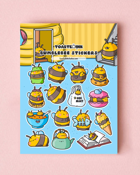 A flat-lay of the Toastedink Bumble Bee Sticker Sheet on a pink background, featuring 17 cute cartoon bee stickers in various designs including a frog costume, soup bowl, shopping bag, and macaron. Bright pastel colours with a playful and whimsical aesthetic, perfect for decorating planners, notebooks, and scrapbooks.