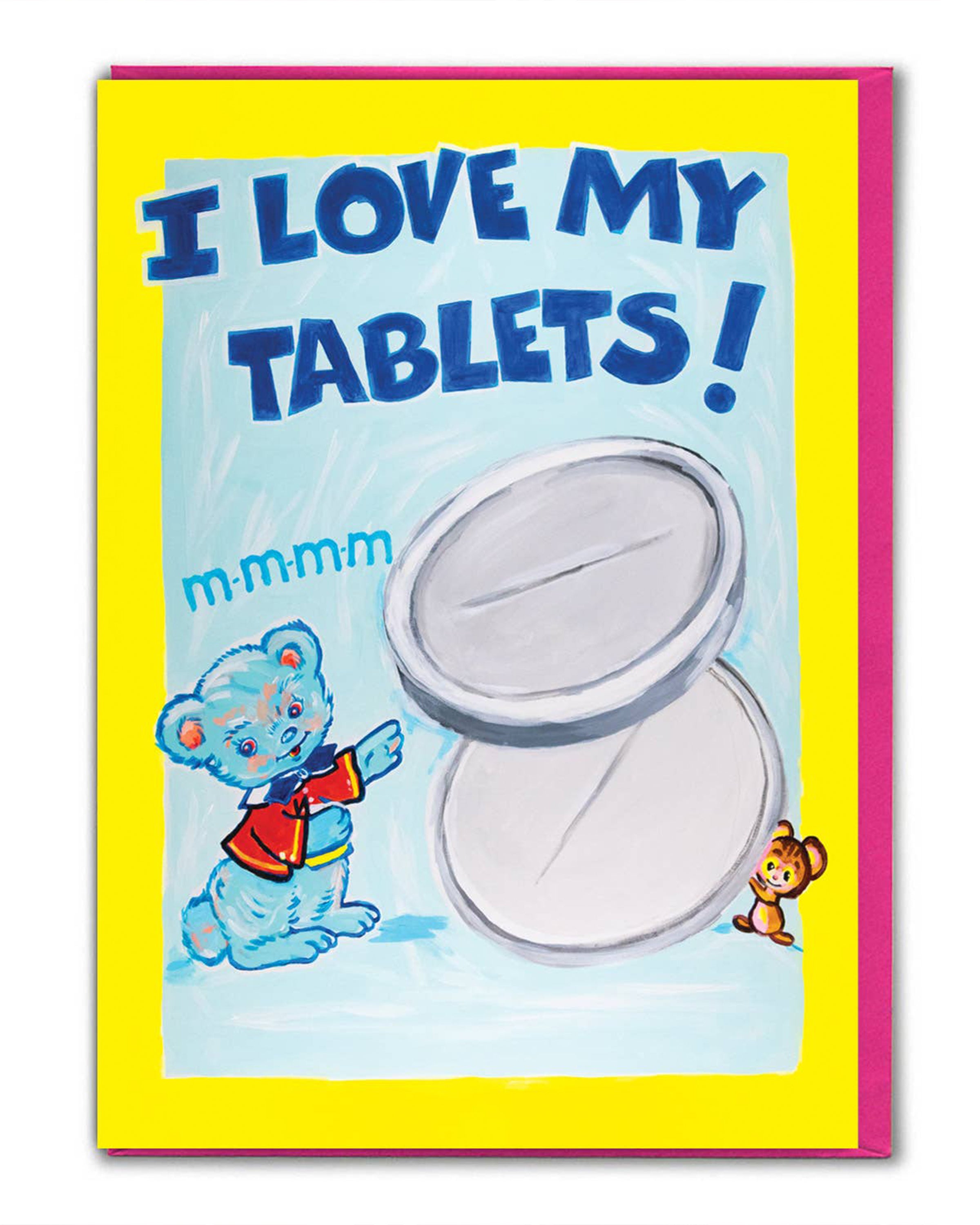 I Love My Tablets funny birthday card by Magda Archer, available at Rebel Romance UK. This kitsch retro-inspired greeting card features a cute cartoon bear and mouse with oversized tablets and bold text, combining sweet vintage-style illustration with dark humour. Printed in the UK on FSC sustainable card stock, blank inside with a bright envelope. Perfect for alternative gifts and quirky celebrations.