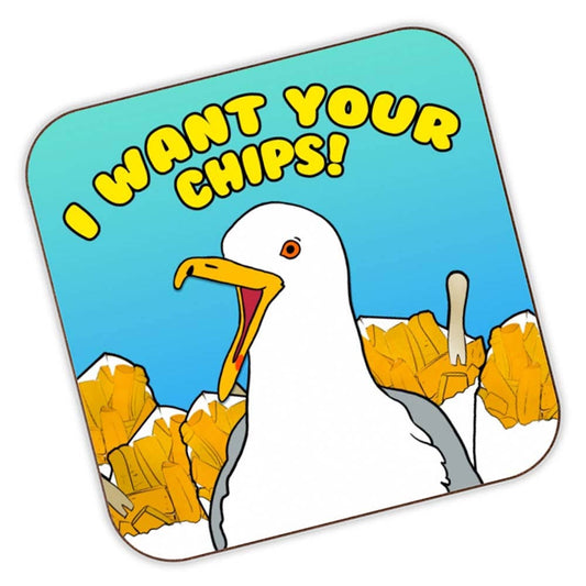 Rebel Romance square coaster featuring a cartoon seagull shouting “I want your chips!” against a blue sky background with piles of golden chips. Illustrated in bold, playful style by Bite Your Granny. The design is printed on a lightweight cork-backed coaster with a satin finish. Fun seaside-themed homeware gift from a small UK brand celebrating alternative style and humour.