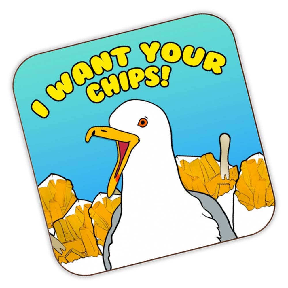 Rebel Romance square coaster featuring a cartoon seagull shouting “I want your chips!” against a blue sky background with piles of golden chips. Illustrated in bold, playful style by Bite Your Granny. The design is printed on a lightweight cork-backed coaster with a satin finish. Fun seaside-themed homeware gift from a small UK brand celebrating alternative style and humour.