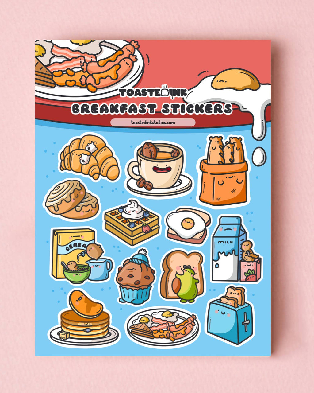 Full view of Toastedink's Breakfast Sticker Sheet sold by Rebel Romance. Includes eggs, bacon, milk, muffins and more in charming cartoon form. A fun gift for food lovers or sticker collectors.