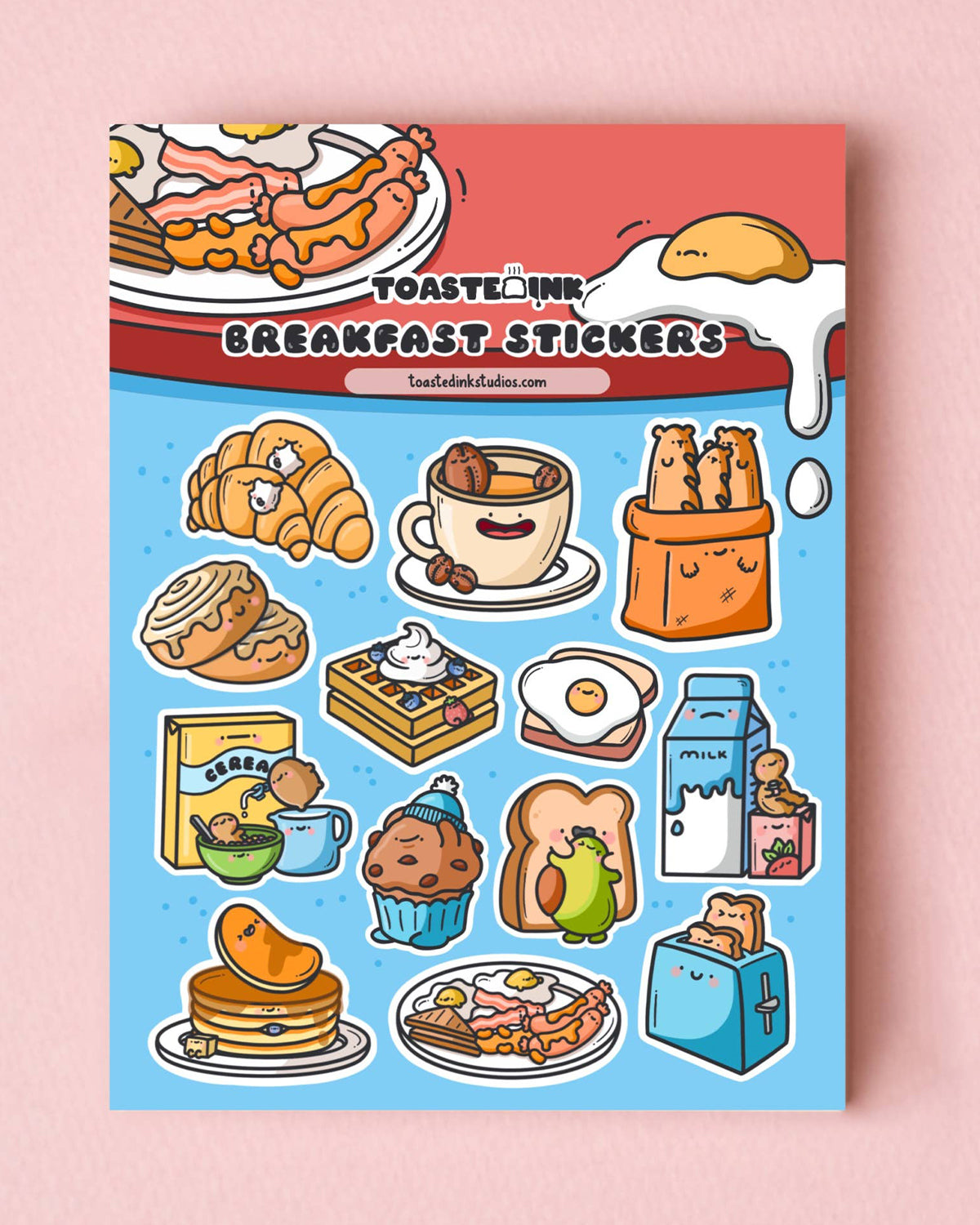 Full view of Toastedink's Breakfast Sticker Sheet sold by Rebel Romance. Includes eggs, bacon, milk, muffins and more in charming cartoon form. A fun gift for food lovers or sticker collectors.