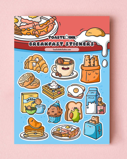 Full view of Toastedink's Breakfast Sticker Sheet sold by Rebel Romance. Includes eggs, bacon, milk, muffins and more in charming cartoon form. A fun gift for food lovers or sticker collectors.