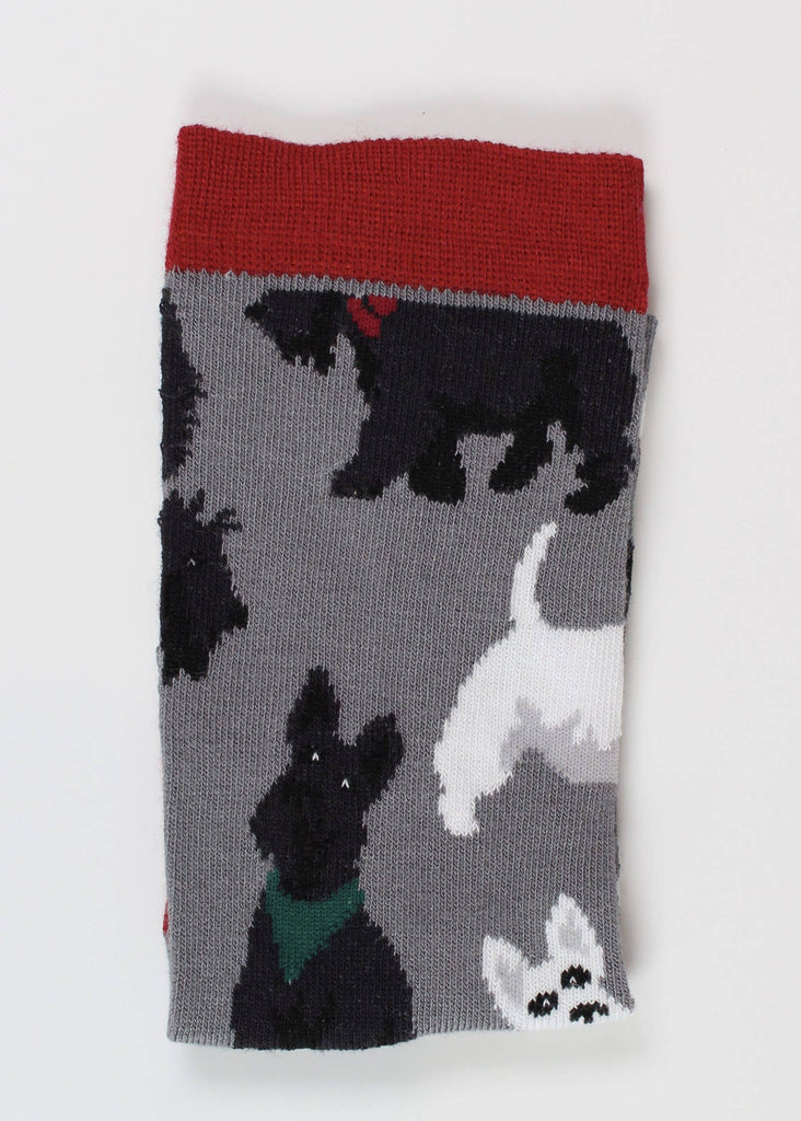 Close-up of grey bamboo socks with Scottie dog print by Smiling Faces, sold by Rebel Romance, made from eco-friendly materials.