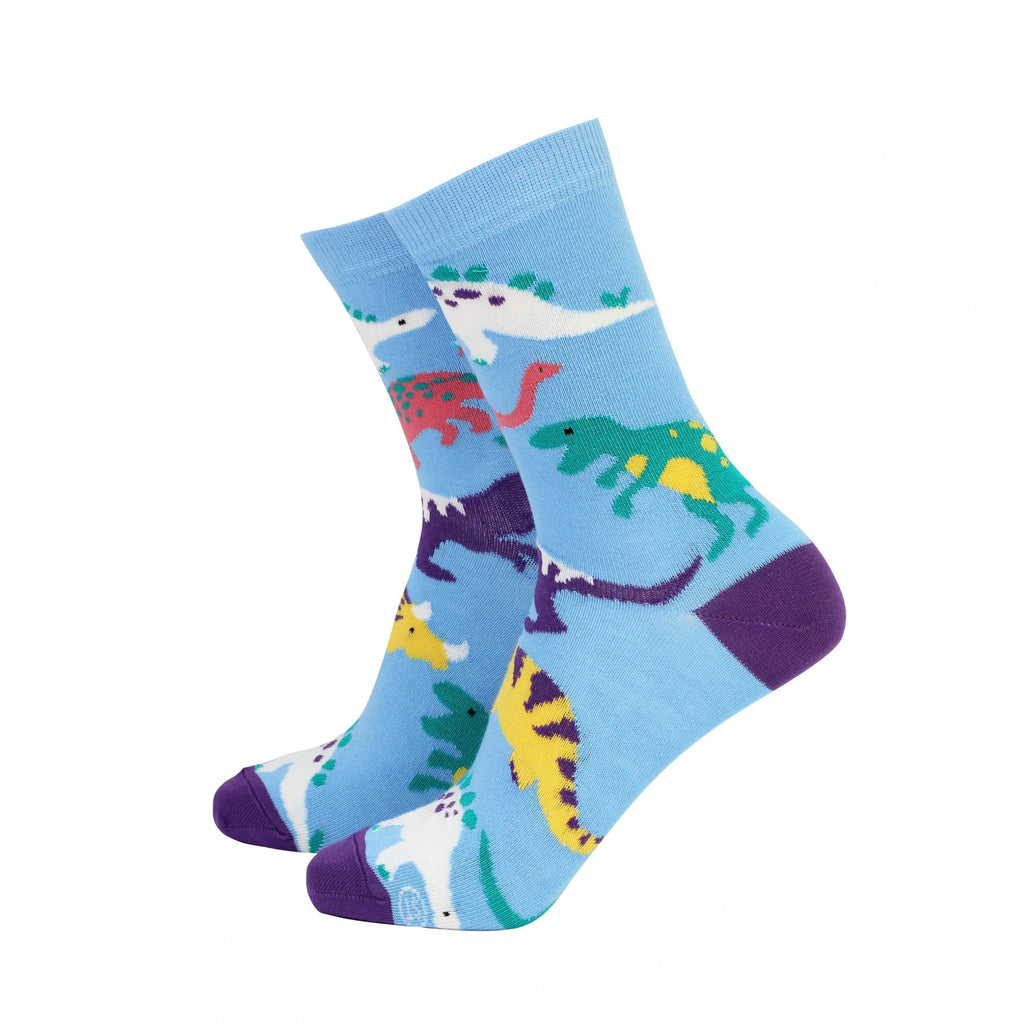 Fun blue bamboo socks by Smiling Faces with a colourful dinosaur print and contrast purple heel and toe. Made from sustainable bamboo, stocked by Rebel Romance.