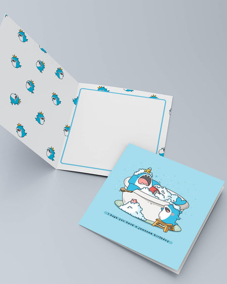Inside and outside view of Toastedink’s jawsome birthday card. Features shark-themed printed interior and a fun bubble bath design on the cover. A glossy 6x6 inch card sold by Rebel Romance, designed in the UK.