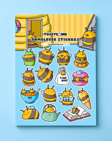 Frontal view of the Bumble Bee Sticker Sheet by Toastedink on a pale blue background. The sheet features 17 kawaii-style bumblebee characters in playful poses and outfits, including bees in ice cream, teacups, a fish costume, and books. Printed on A5 size high quality sticker paper.