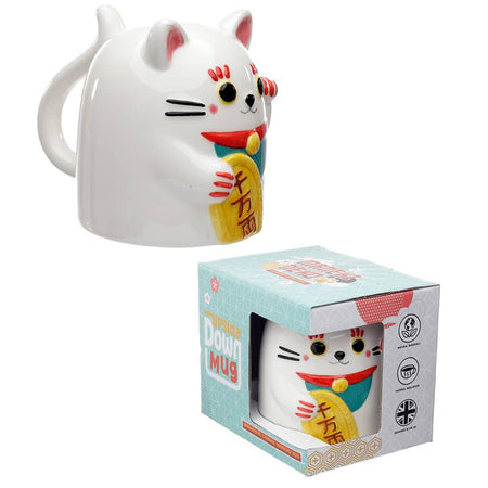 Side view of the maneki neko upside down mug with retail packaging from Rebel Romance. Features a pastel box and a cat-shaped mug with bright Japanese-inspired design, ideal for millennial gifting or kitchen décor.