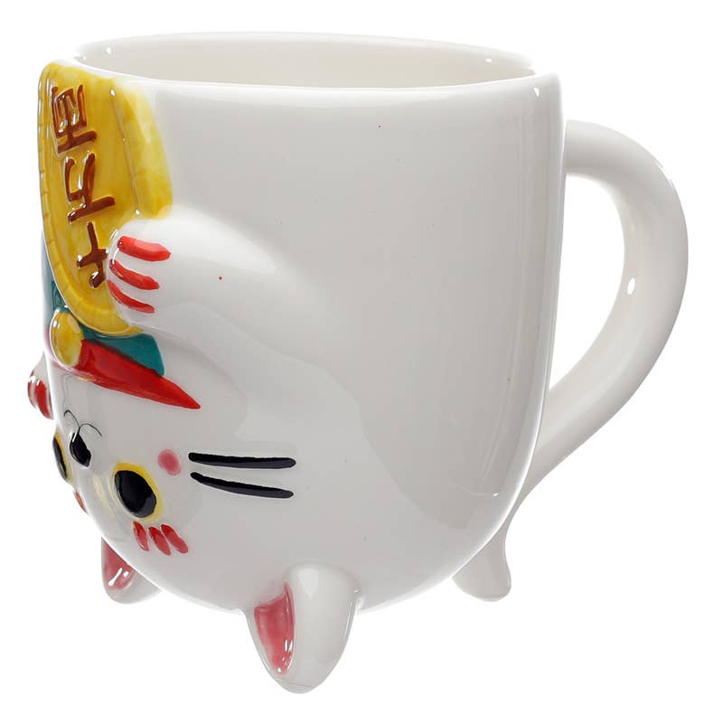 White ceramic mug shaped like an upside down maneki neko lucky cat, featuring embossed 3D details including ears, paws, and a golden coin. A fun and quirky kawaii-style mug from Rebel Romance, perfect for gifting or everyday use.