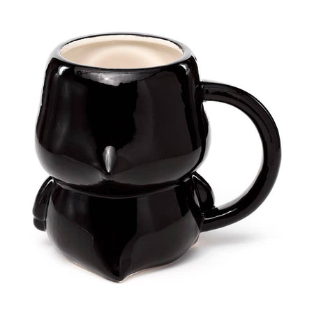 Back view of a glossy black ceramic mug shaped like Skull Boy, featuring a rounded cloaked head and body with a curved black handle. Part of the Rebel Romance collection of quirky and alternative mugs.