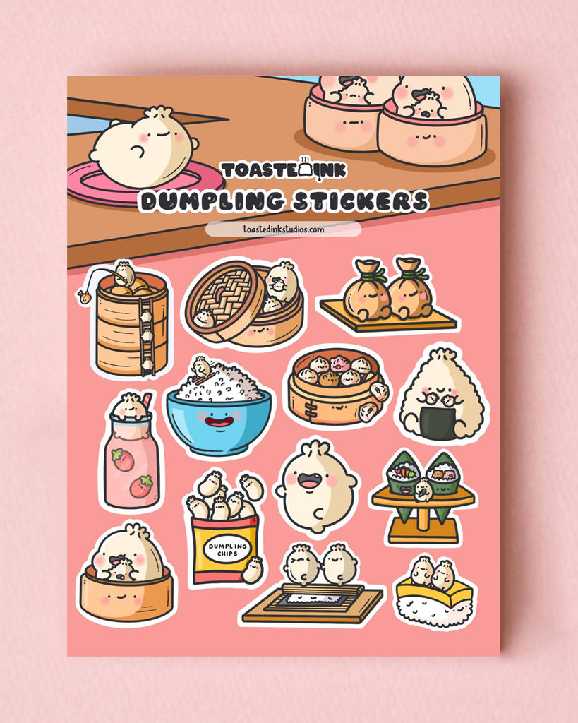 Full view of Toastedink’s dumpling sticker sheet featuring chubby dumpling characters in bowls, baskets, and boba cups. A charming addition for scrapbooking or decorating. Available from Rebel Romance, the UK’s go-to for playful and offbeat gifts.