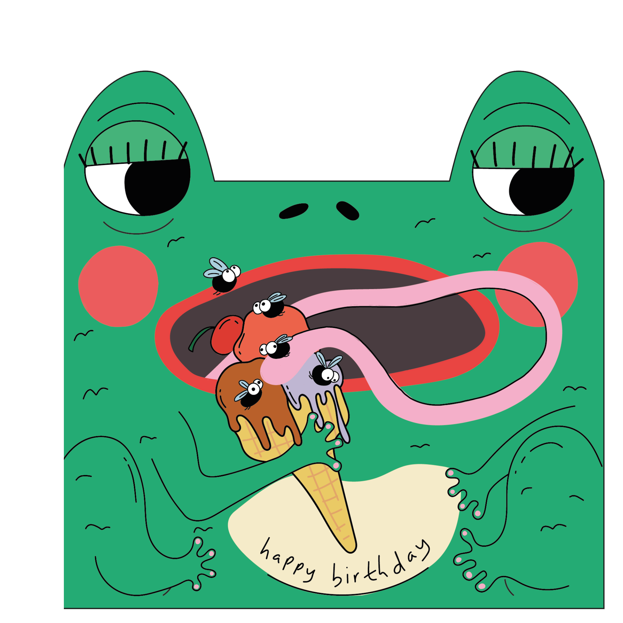 Illustration of a frog with ice cream and 'happy birthday' text on a white background