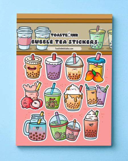 Product image of Toastedink’s Bubble Tea Sticker Sheet, available at Rebel Romance. A pink sheet featuring cute and colourful boba tea characters with cheerful expressions, ideal for stationery addicts and boba drink fans alike.