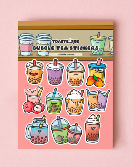Cute bubble tea sticker sheet designed by Toastedink and stocked by Rebel Romance. Features 14 kawaii bubble tea characters with smiling faces, vibrant straws and tapioca pearls on a pink background. Ideal for decorating planners, water bottles and more.