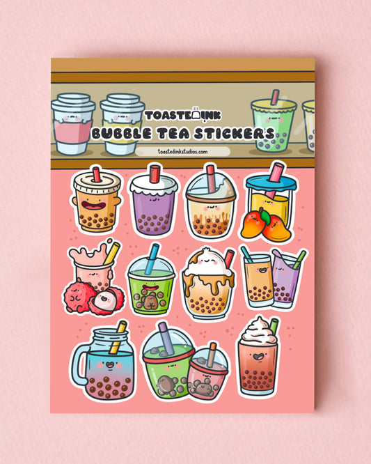 Cute bubble tea sticker sheet designed by Toastedink and stocked by Rebel Romance. Features 14 kawaii bubble tea characters with smiling faces, vibrant straws and tapioca pearls on a pink background. Ideal for decorating planners, water bottles and more.