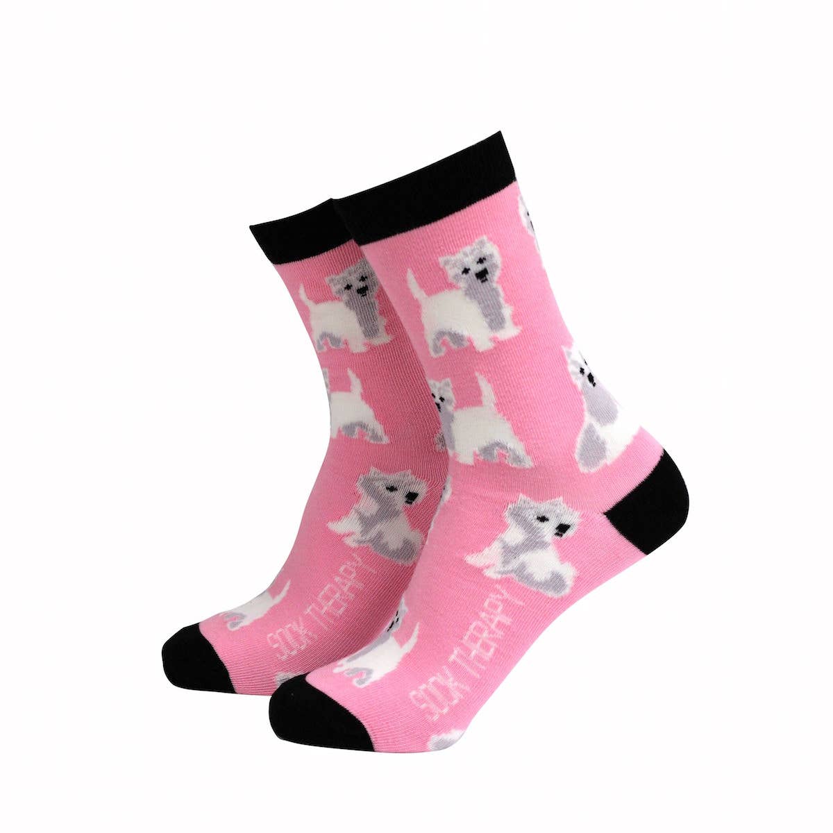 Pink eco-friendly bamboo socks by Smiling Faces, decorated with playful Westie dog pattern and black heel, toe, and cuff. Fun dog lover socks sold by Rebel Romance.