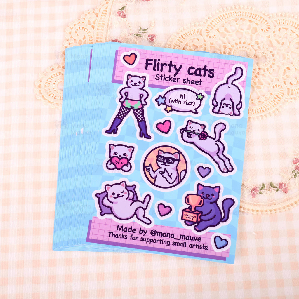 Funny and cute Flirty Cats Sticker Sheet by Mona Mauve, shown on a gingham and lace background. Includes 13 flirty vinyl cat stickers with cheeky slogans and pastel colours. Available at Rebel Romance, a small UK brand offering alternative style, homeware, stationery and gifts with personality.