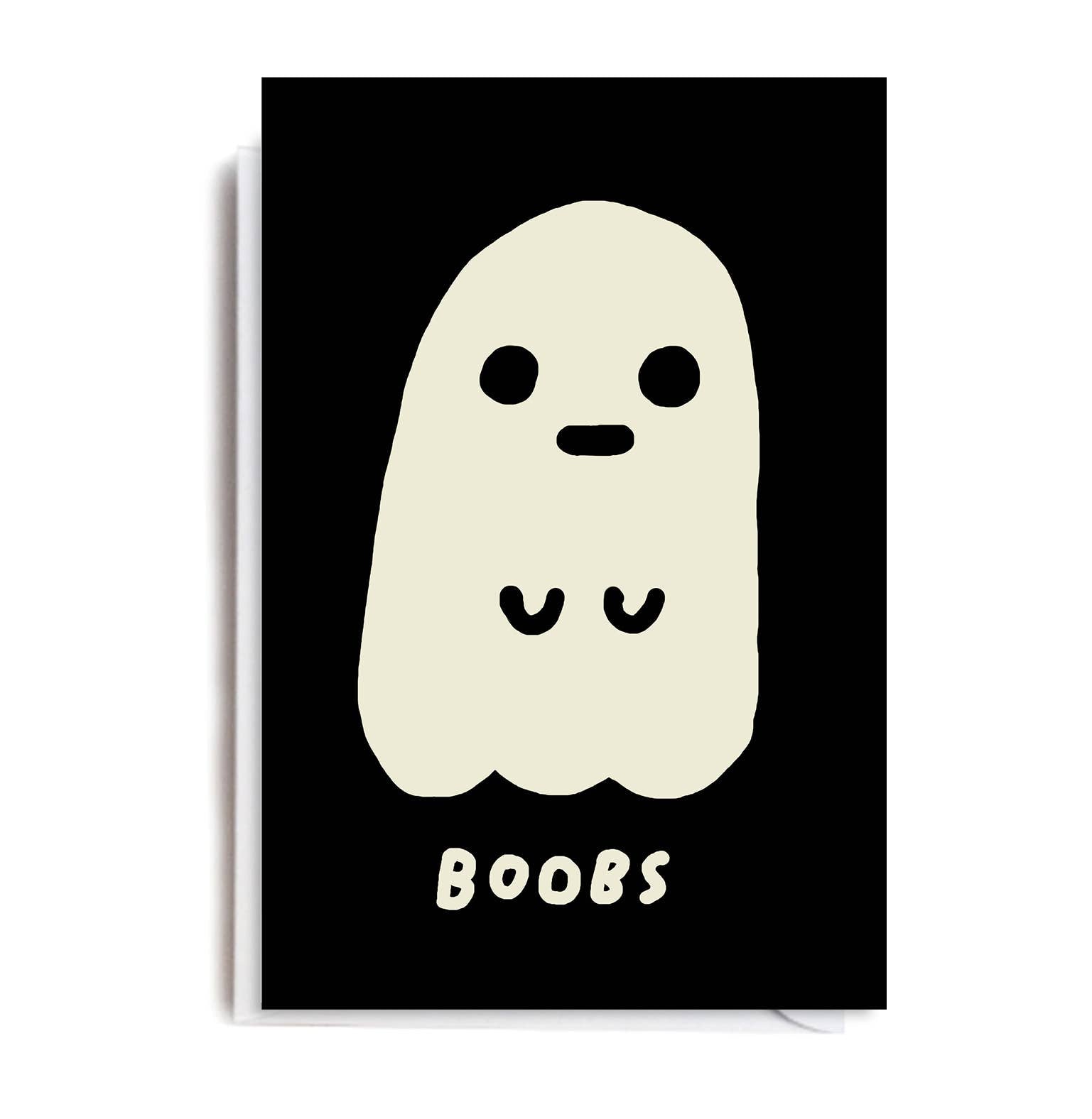 A quirky greetings card featuring a minimalist cream ghost with a cheeky “BOOBS” design on a black background. The card is 11.4 x 16.2 cm, blank inside, and comes with a white envelope. Designed by Jolly Awesome’s Matt Nguyen.