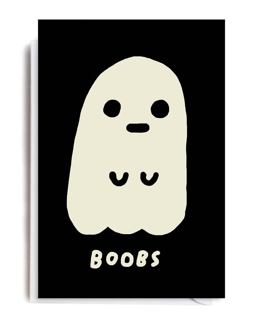A quirky greetings card featuring a minimalist cream ghost with a cheeky “BOOBS” design on a black background. The card is 11.4 x 16.2 cm, blank inside, and comes with a white envelope. Designed by Jolly Awesome’s Matt Nguyen.