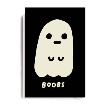 A quirky greetings card featuring a minimalist cream ghost with a cheeky “BOOBS” design on a black background. The card is 11.4 x 16.2 cm, blank inside, and comes with a white envelope. Designed by Jolly Awesome’s Matt Nguyen.