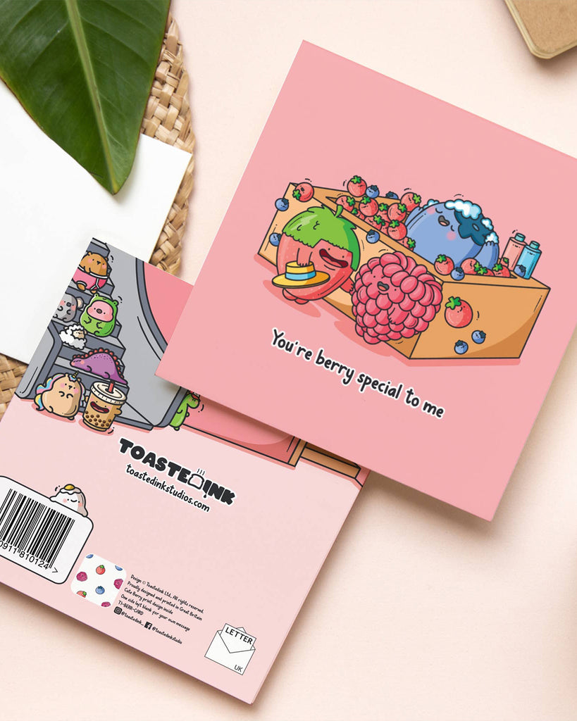 Fun Toastedink card showing the front pun design and playful illustrated back. Features smiling berries and says "You're berry special to me". Stocked by Rebel Romance, a UK small biz for alternative gifts.