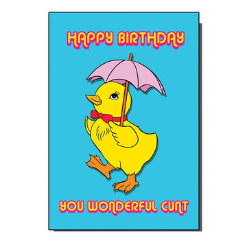 Bold and cheeky birthday card by Rebel Romance featuring a kitsch yellow duck in a red bowtie holding a pink umbrella. Text reads “Happy Birthday You Wonderful C**t” in retro pink and yellow bubble letters. Designed by Bite Your Granny. A funny, alternative card ideal for millennials who love rude humour and vintage vibes.