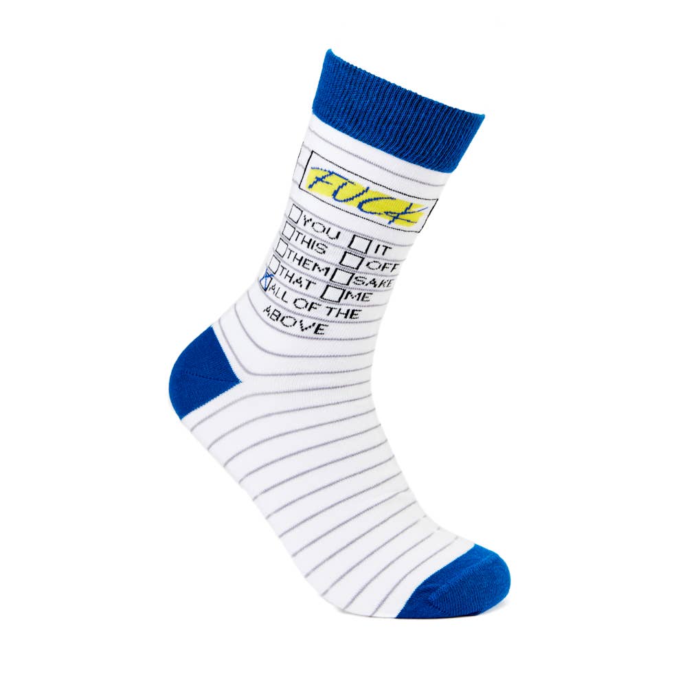 Urban Eccentric novelty socks with blue trim and a cheeky “Fck” checklist design on a white and navy striped background. Available at Rebel Romance.*