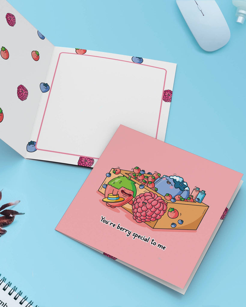 Inside of Toastedink’s "You're berry special to me" card, stocked by Rebel Romance. Features berry-themed border and plenty of space to write a heartfelt note. Ideal for birthdays, love notes or thinking-of-you cards.