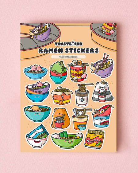 Toastedink ramen noodle sticker sheet on a soft pink background. Includes quirky illustrated ramen bowls, takeaway boxes, and noodle cups with kawaii-style characters. Available from Rebel Romance.