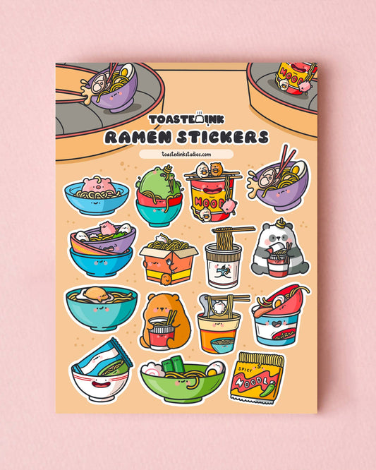 Toastedink ramen noodle sticker sheet on a soft pink background. Includes quirky illustrated ramen bowls, takeaway boxes, and noodle cups with kawaii-style characters. Available from Rebel Romance.
